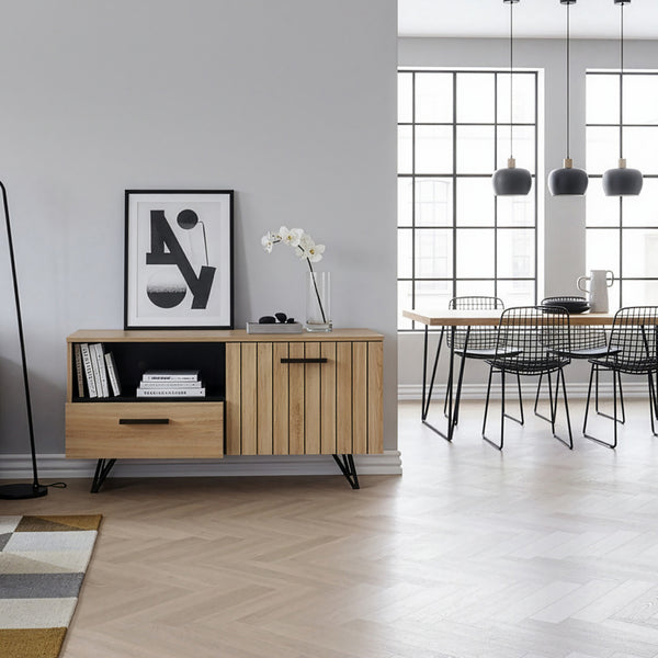 Tv-meubel Noppen eikenkleurig en zwart [en.casa]