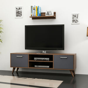 Meuble TV Haderslev à 2 portes avec étagère murale effet noyer / anthracite [en.casa]