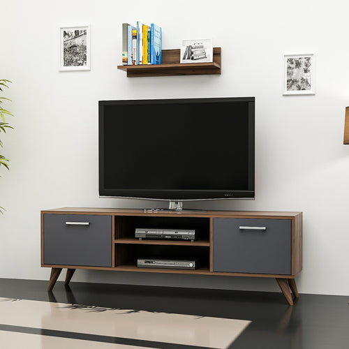 Meuble TV Haderslev à 2 portes avec étagère murale effet noyer / anthracite [en.casa]