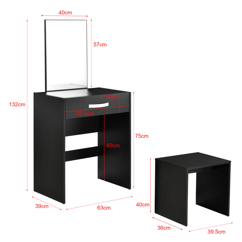Croquis coté Coiffeuse avec Miroir Tiroir Tabouret Reykjavik 132 x 63 x 39 cm [en.casa]