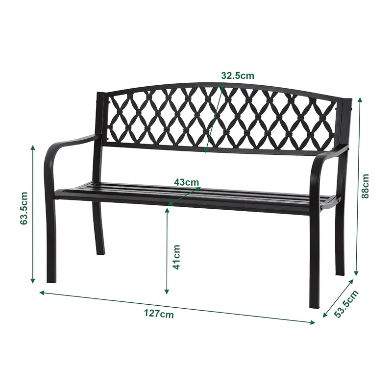 Croquis coté Banc de jardin Opsasar 127 x 53,5 x 88 cm acier casa.pro