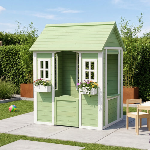 Maison de jeu pour enfants Kuoldsvin Bois de sapin 144x102x90 cm Vert/Blanc [en.casa]