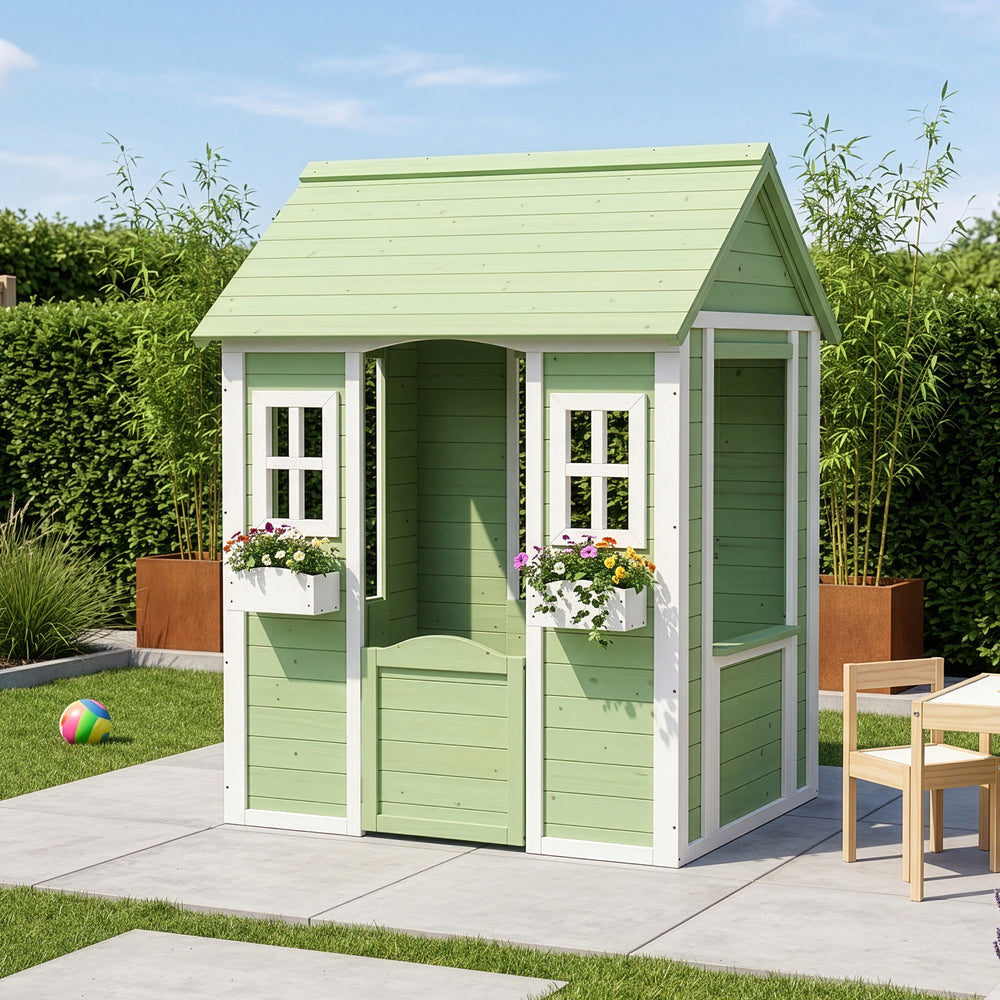 Kinderspeelhuis Kuoldsvin Dennenhout 144x102x90 cm Groen/Wit [en.casa]
