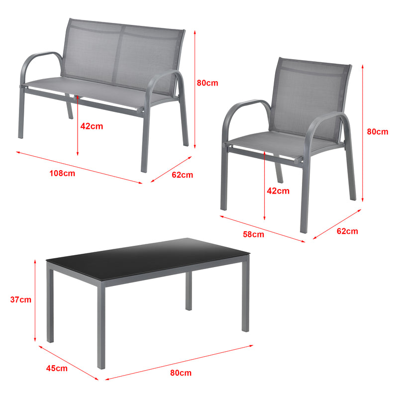 Croquis coté Salon de Jardin de 4 Meubles Gagra Extérieurs Acier PVC Polyester [en.casa]