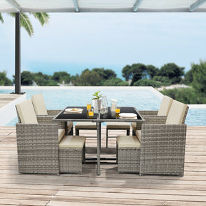 Salon de Jardin de 9 Pièces Cieza Acier Polyrotin Polyester avec Coussins [en.casa]