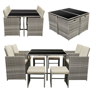 Salon de Jardin de 9 Pièces Cieza Acier Polyrotin Polyester avec Coussins [en.casa]