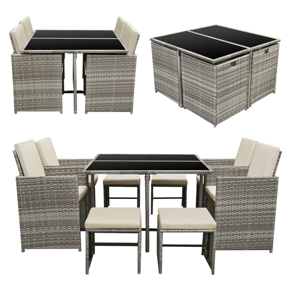 Salon de Jardin de 9 Pièces Cieza Acier Polyrotin Polyester avec Coussins [en.casa]