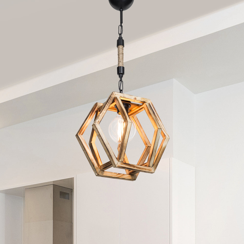 Hängeleuchte Cheltenham E27 Metaal Massief Hout Jutetouw Zwart / Houtlook / Jutekleurig [lux.pro] - premiumXL