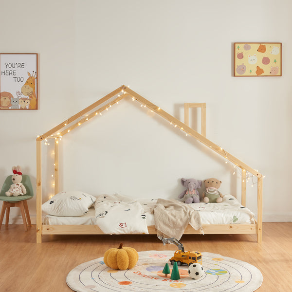 Kinderbed Siuntio huisbed met bedbodem naturel [en.casa]