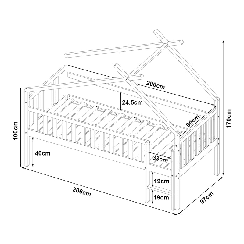 Croquis coté Lit cabane Sotkamo bois de pin 90 x 200 cm [en.casa]