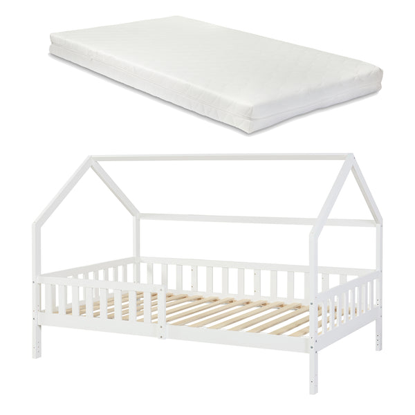 Kinderbed Ydre huisbed met matras en bedbodem wit [en.casa]