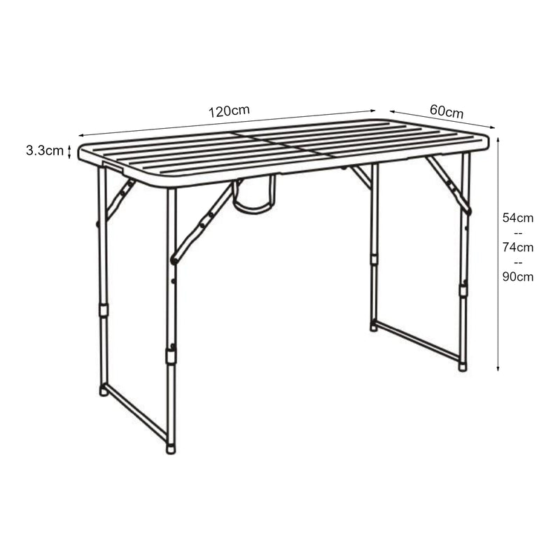 Croquis coté Table de camping pliante Adelfia à hauteur réglable 120 x 60 cm [en.casa]
