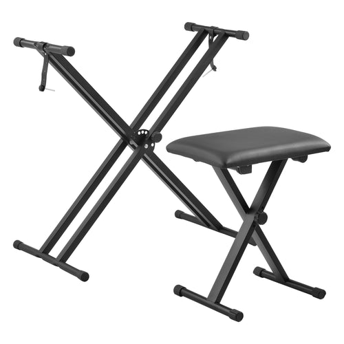 Support Double pour Clavier à Sangles Troués avec Banquette Stand Solide et Siège Pliables pour Piano Numérique Table de Mixage Hauteur et Largeur Réglables Capacité de Charge 25 kg Fer Noir [en.casa]