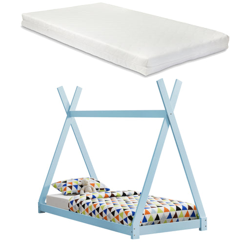 Lit Tipi avec Matelas Lit Enfant Bois Naturel Sommier à Lattes 200 x 90 cm [en.casa]