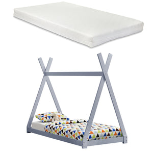 Lit Tipi avec Matelas Lit Enfant Bois Naturel Sommier à Lattes 200 x 90 cm [en.casa]