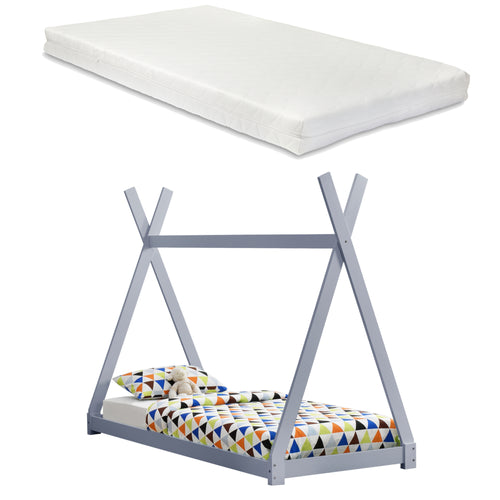 Lit Tipi avec Matelas Lit Enfant Bois Naturel Sommier à Lattes 200 x 90 cm [en.casa]