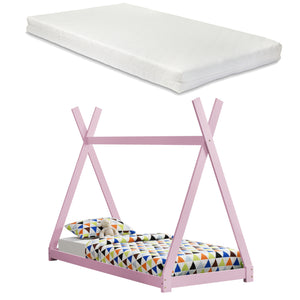 Lit Tipi avec Matelas Lit Enfant Bois Naturel Sommier à Lattes 200 x 90 cm [en.casa]