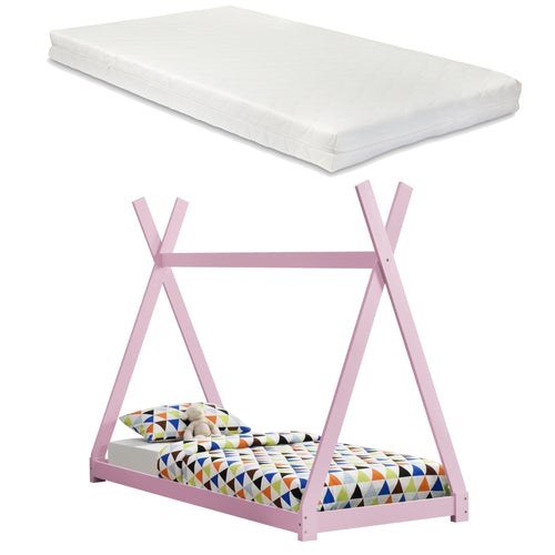 Lit Tipi avec Matelas Lit Enfant Bois Naturel Sommier à Lattes 200 x 90 cm [en.casa]
