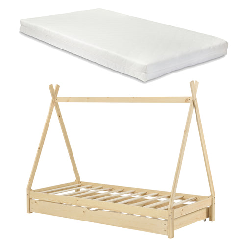 Lit d'Enfant Tipi Gigogne Tiroir-Lit à Sommier à Lattes avec Matelas Mousse à Froid Bois de Pin 200 x 90 cm [en.casa] [neu.haus]