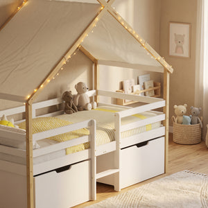 Kinderbed Surnadal huisbed met matras en lades hout wit naturel 90x200 cm [en.casa]