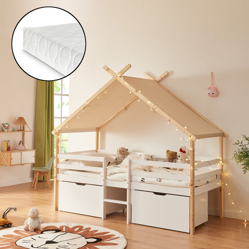 Lit cabane Surnadal avec matelas 90x200 cm bois de pin blanc/naturel [en.casa] - premiumXL