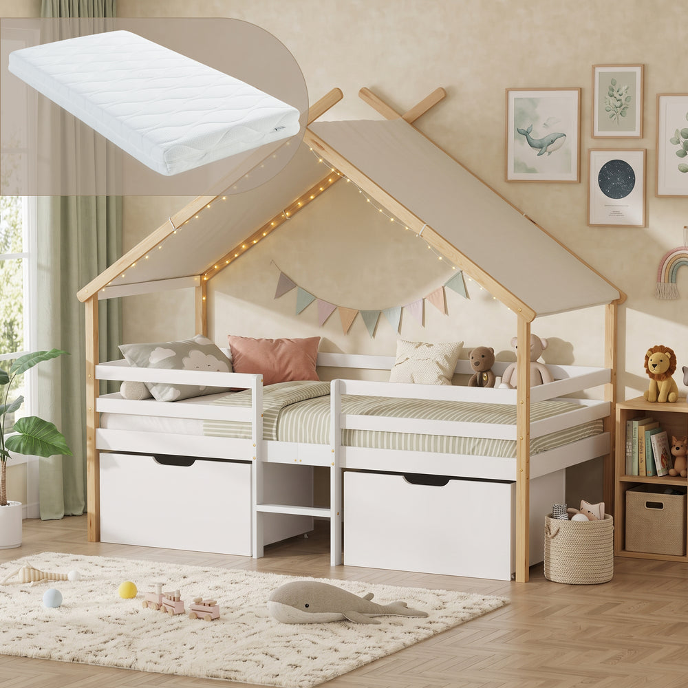 Lit cabane Surnadal avec matelas 90 x 200 cm naturel blanc [en.casa]