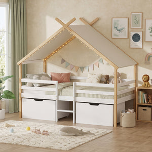 Lit cabane Surnadal bois de pin 90 x 200 cm blanc naturel beige [en.casa]