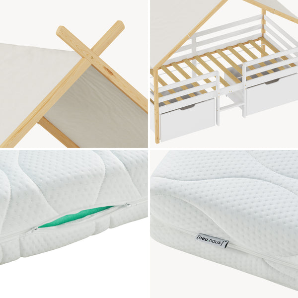 Kinderbed Surnadal huisbed met matras en lades hout wit naturel 90x200 cm [en.casa]