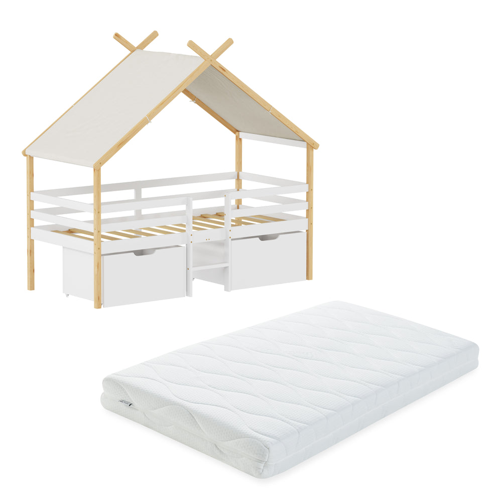 Lit cabane Surnadal avec matelas 90 x 200 cm naturel blanc [en.casa]