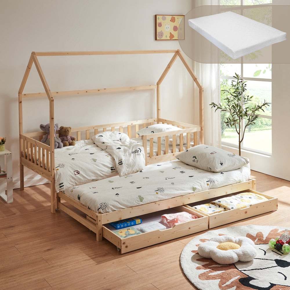 Kinderbed Aarghonmaa met matras uitschuifbed en opberglades 90x200 cm [en.casa]