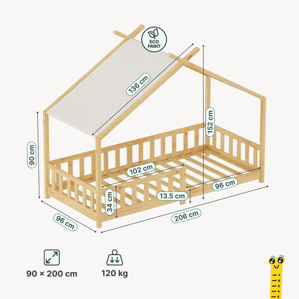 Lit cabane Rila style Montessori avec barrière anti-chute 90 x 200 cm [en.casa]