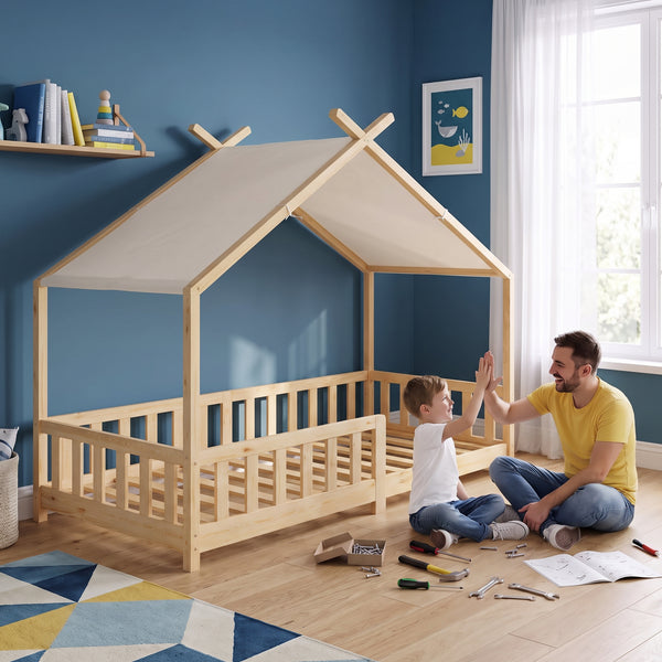 Lit cabane Rila style Montessori avec barrière anti-chute 90 x 200 cm [en.casa]