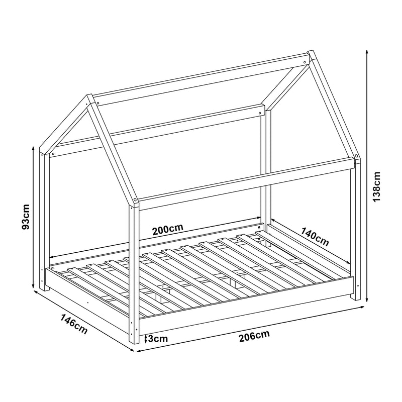 Croquis coté Lit cabane pour enfant Cerro bois de pin contreplaqué [en.casa]