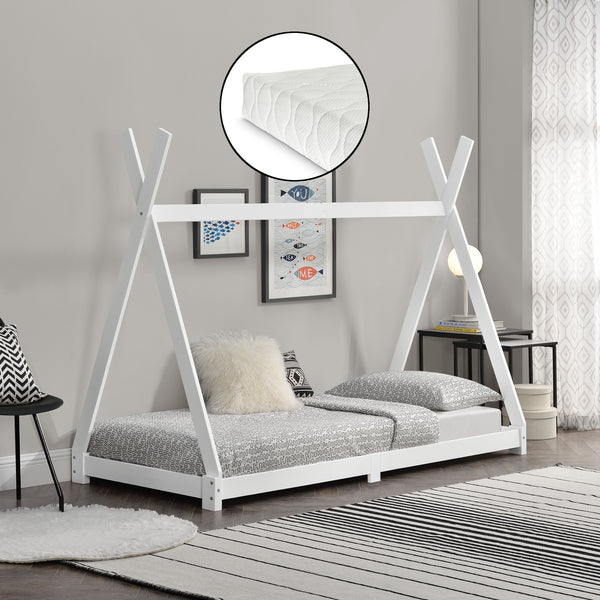 Kinderbed Tipi Hori grenen met bedbodem en matras 90x200 cm - 3 varianten