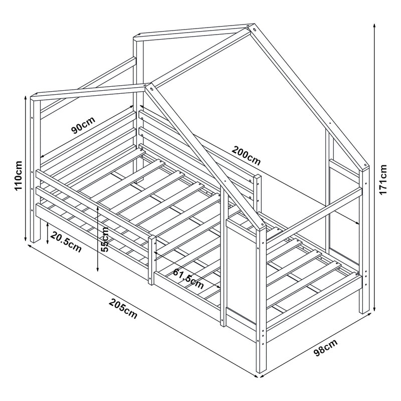 Croquis coté Lit cabane Lorenskog bois de pin 90 x 200 cm [en.casa]