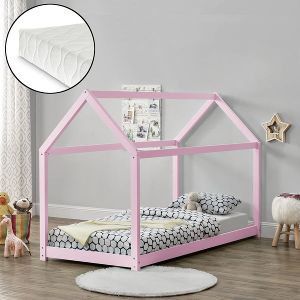 [en.casa] Lit D'enfant avec Matela Cadre de Lit 206 x 98 x 142 cm Matela Mousse Froid 90 x 200 cm Maison Bois Blanc 