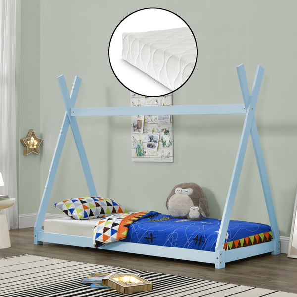 Lit Tipi avec Matelas Lit Enfant Bois Naturel Sommier à Lattes 200 x 90 cm [en.casa]