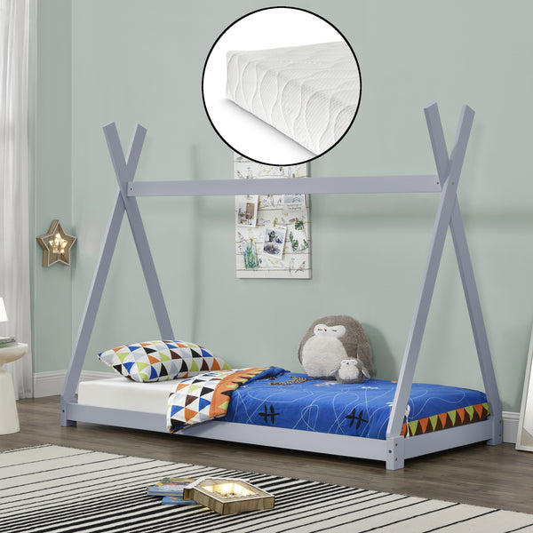 Lit Tipi avec Matelas Lit Enfant Bois Naturel Sommier à Lattes 200 x 90 cm [en.casa]