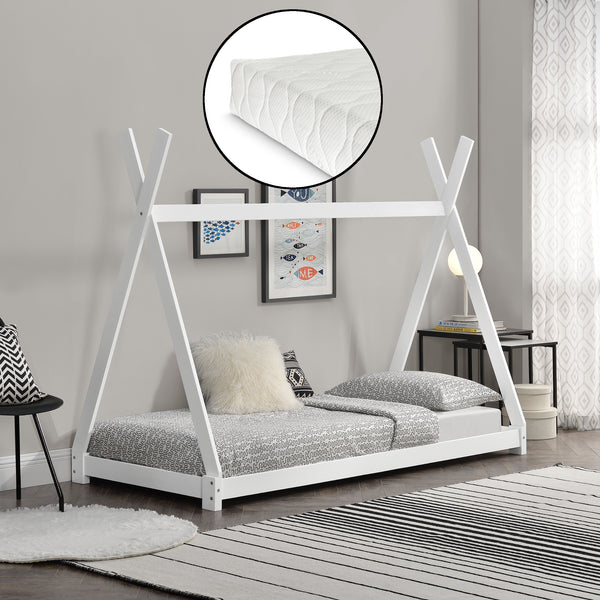 [en.casa] Lit de Tipi avec Matelas Lit Enfant Bois Naturel Sommier à Lattes 200 x 90 cm