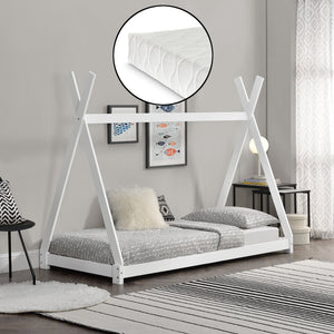 [en.casa] Lit de Tipi avec Matelas Lit Enfant Bois Naturel Sommier à Lattes 200 x 90 cm