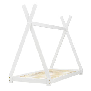 [en.casa] Lit de Tipi avec Matelas Lit Enfant Bois Naturel Sommier à Lattes 200 x 90 cm