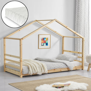 Lit d'enfant Design Maison avec Matelas Lit Cabane Pin Feuille de Placage Mousse à Froid Housse 100% Polyester Plusieurs Couleurs 70x140cm/80x160cm/90x200cm [en.casa] [neu.haus]