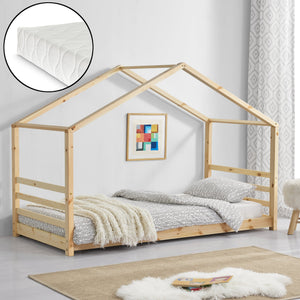 Lit d'enfant Design Maison avec Matelas Lit Cabane Pin Feuille de Placage Mousse à Froid Housse 100% Polyester Plusieurs Couleurs 70x140cm/80x160cm/90x200cm [en.casa] [neu.haus]