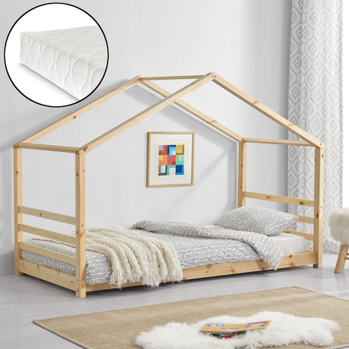 Lit d'enfant Design Maison avec Matelas Lit Cabane Pin Feuille de Placage Mousse à Froid Housse 100% Polyester Plusieurs Couleurs 70x140cm/80x160cm/90x200cm [en.casa] [neu.haus]