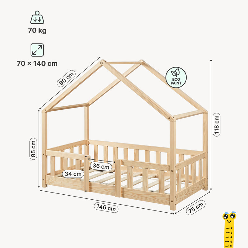 Croquis coté Lit d'enfant en forme de maison Treviolo bois de pin [en.casa]