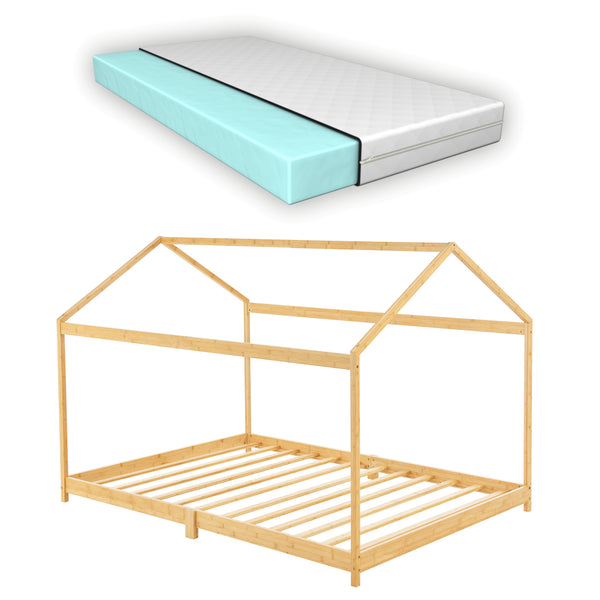 Lit cabane Vindafjord pour enfant avec matelas sommier à lattes bambou naturel [en.casa]