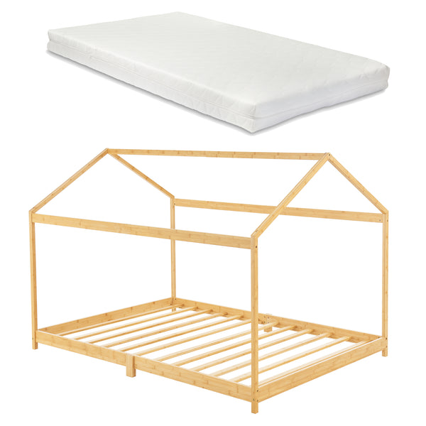 Lit cabane Vindafjord pour enfant avec matelas sommier à lattes bambou naturel [en.casa]