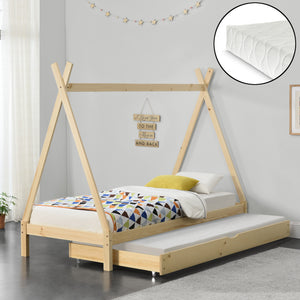 Lit d'Enfant Tipi Gigogne Tiroir-Lit à Sommier à Lattes avec Matelas Mousse à Froid Bois de Pin 200 x 90 cm [en.casa] [neu.haus]
