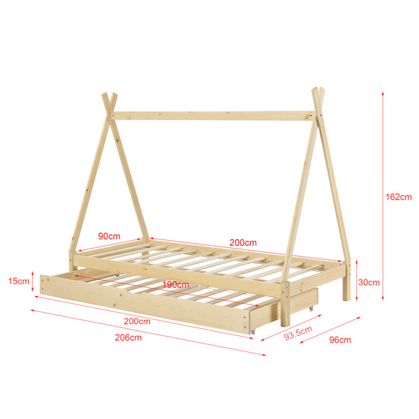 Lit d'Enfant Tipi Gigogne Tiroir-Lit à Sommier à Lattes avec Matelas Mousse à Froid Bois de Pin 200 x 90 cm [en.casa] [neu.haus]