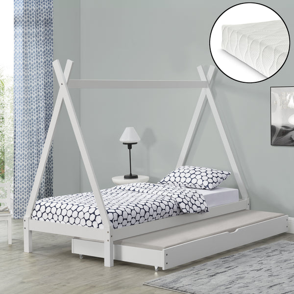 Kinderbed Tipi met onderschuifbed en 1 matras 90x200 cm - verschillende kleuren